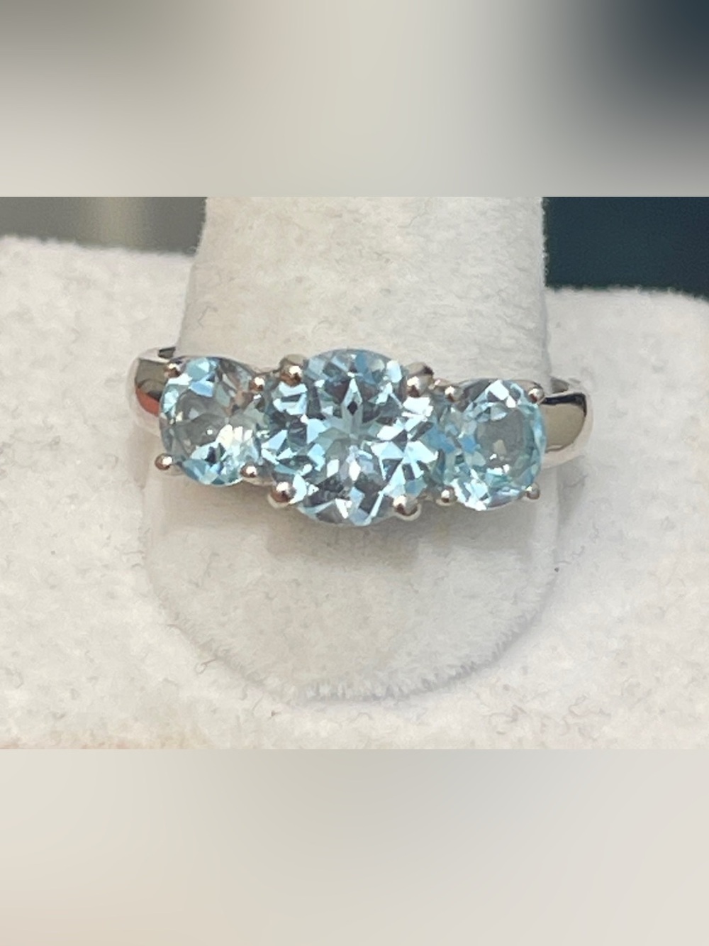Three-Stone Aquamarine Halo Ring - Light Blue Gemstone